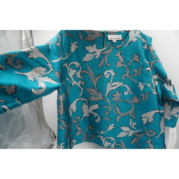 Caroline Rose NWT Turquoise Blue & Silver Damask Floral Blouse Plus Size 3X - Picture 8 of 13